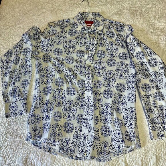Red Saks Fifth Avenue, Medium Trim Fit, Blue & White Dress Shirt - 034 - Picture 1 of 7
